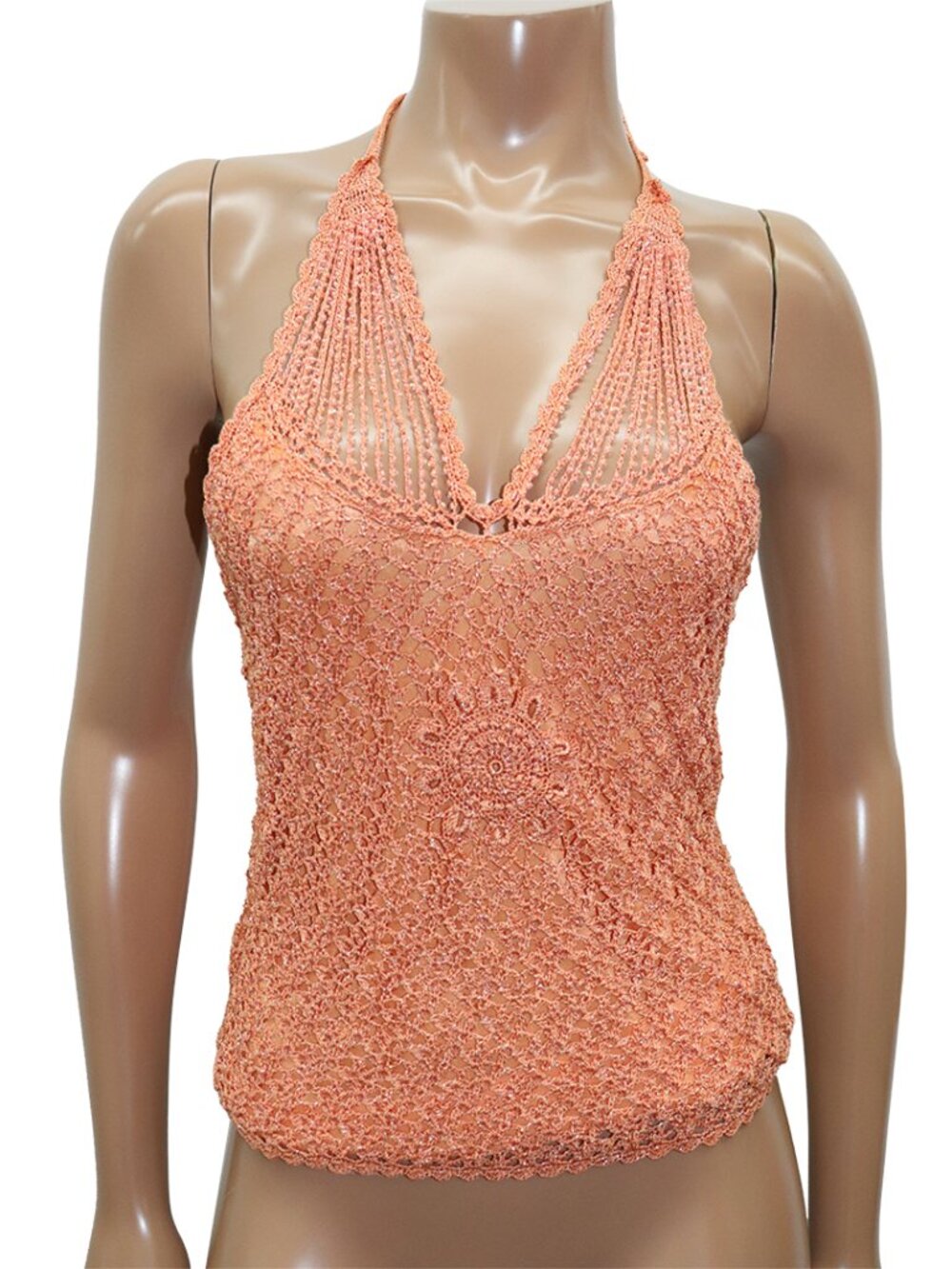 Y2K Peach Glass Beaded Crochet Halter Top M - Picture 2 of 6